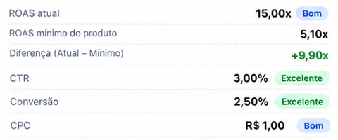Detalhe das métricas ROAS, CTR, conversão e CPC na análise de campanha