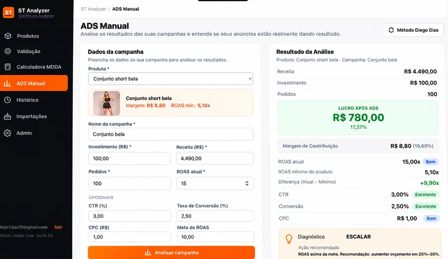 Tela ADS Manual do ST Analyzer com dados da campanha e resultado da análise