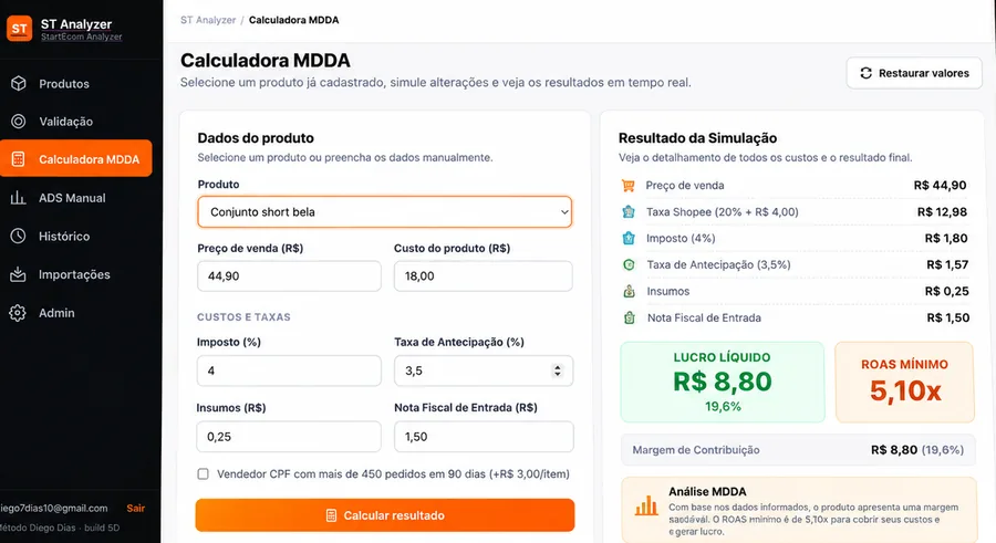 Calculadora do ST Analyzer com dados do produto, custos, taxas e resultado da simulação